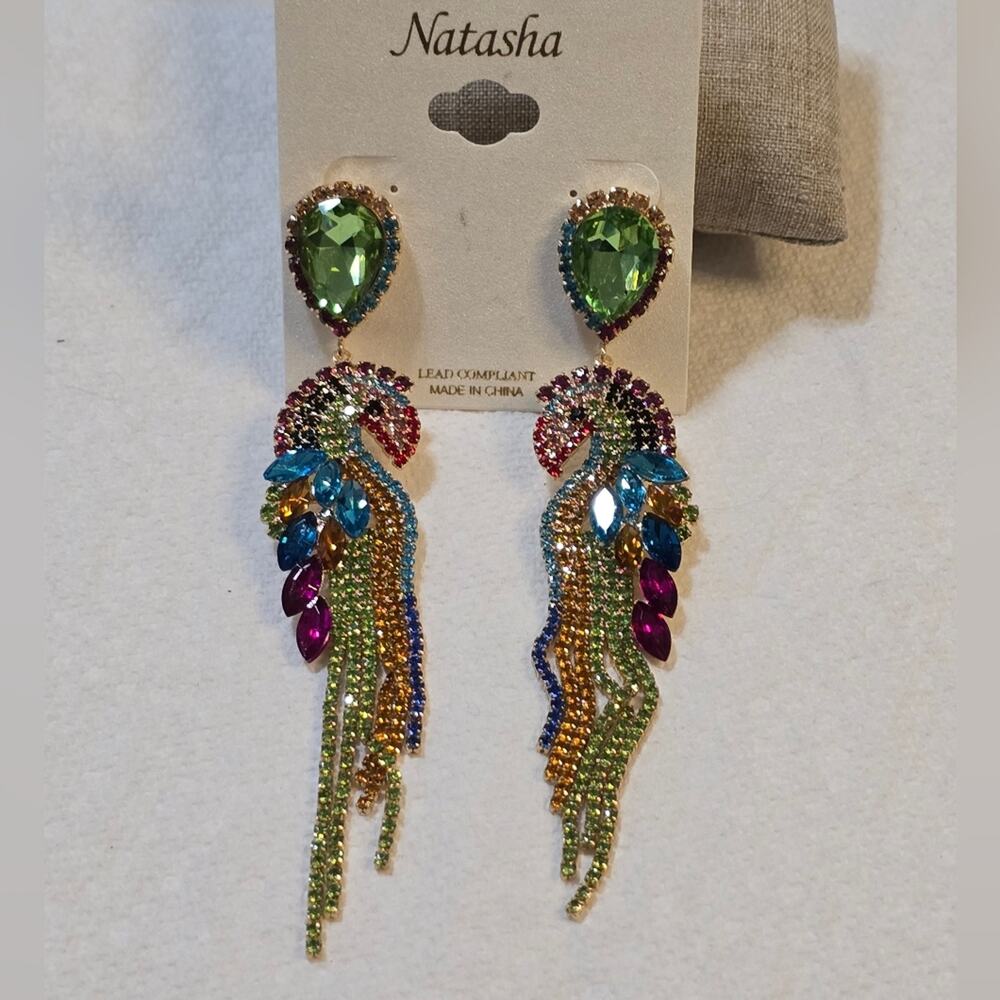 Natasha Huge Jeweled Chandelier‎ Toucan Parrot Bird Earrings New!!